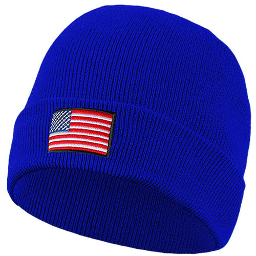 American Flag Embroidered Beanie Hat - Royal