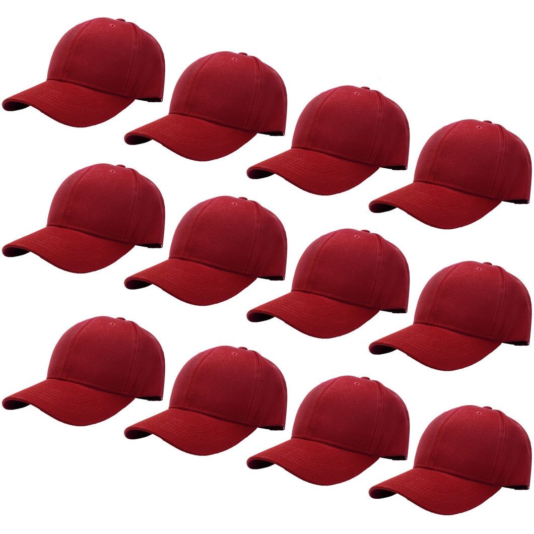 12-Pack Baseball Dad Cap Velcro Strap Adjustable Size - Burgundy