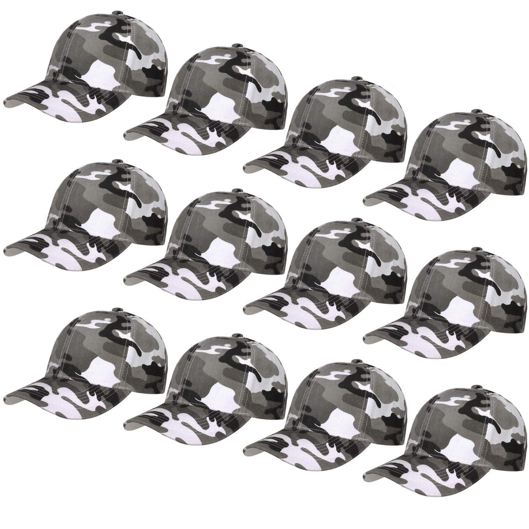 12-Pack Baseball Dad Cap Velcro Strap Adjustable Size - Gray Camo