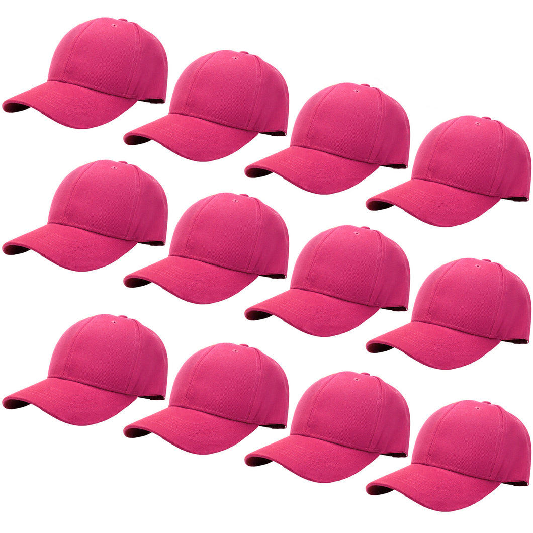 12-Pack Baseball Dad Cap Velcro Strap Adjustable Size - Hot Pink