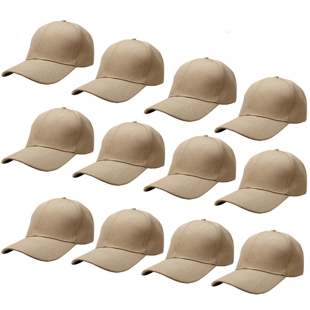 12-Pack Baseball Dad Cap Velcro Strap Adjustable Size - Khaki