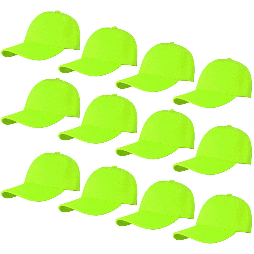 12-Pack Baseball Dad Cap Velcro Strap Adjustable Size - Neon Green