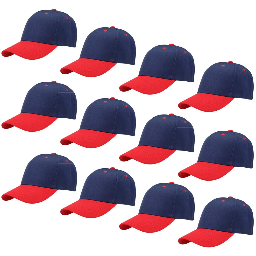 12-Pack Baseball Dad Cap Velcro Strap Adjustable Size - Navy/Red