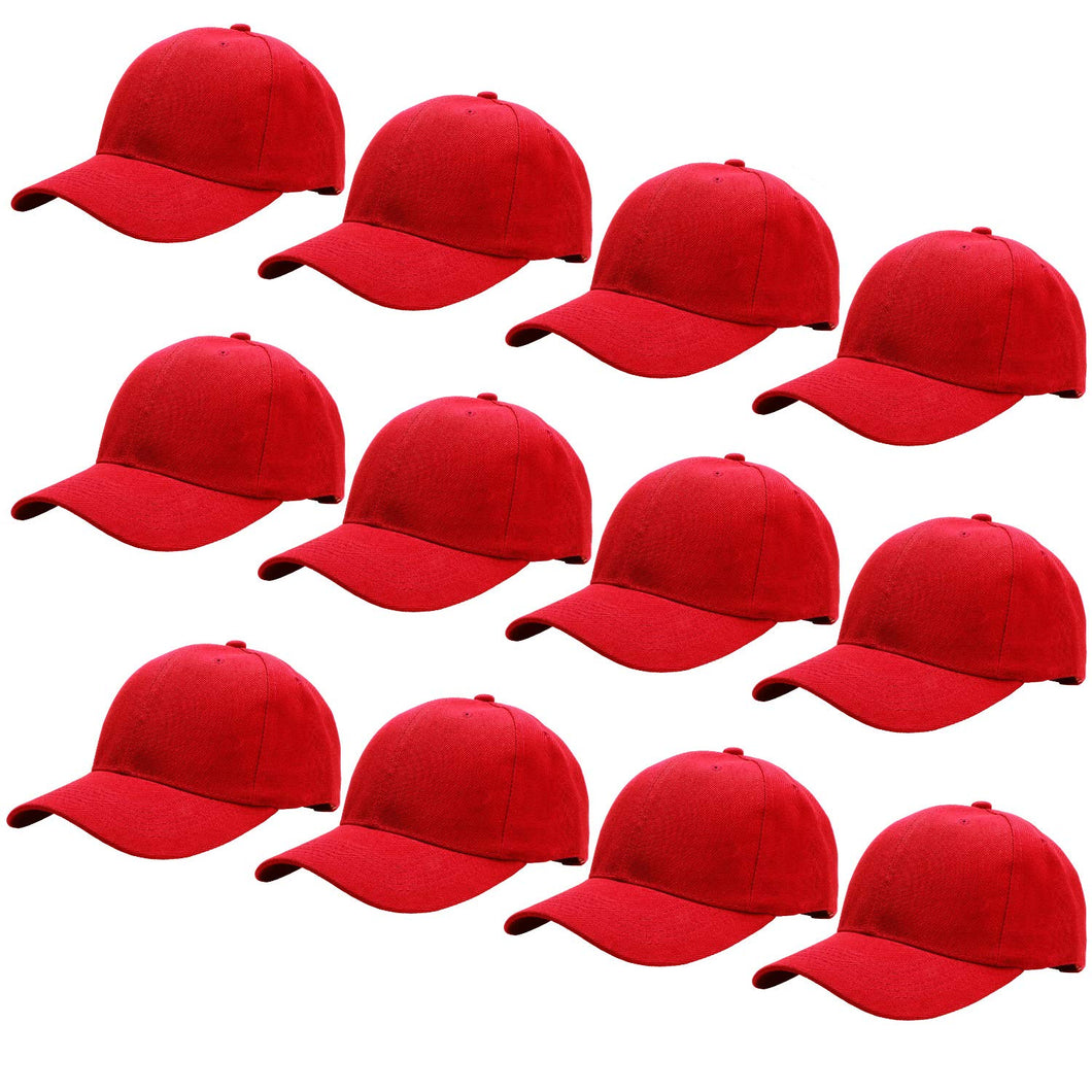 12-Pack Baseball Dad Cap Velcro Strap Adjustable Size - Red