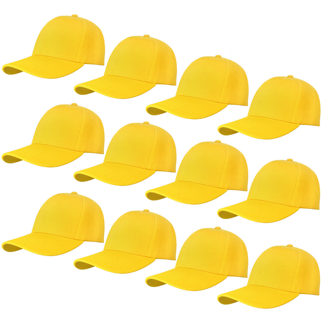 12-Pack Baseball Dad Cap Velcro Strap Adjustable Size - Yellow
