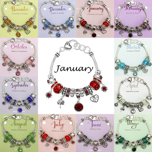 Birthstone Bracelet Multi-Color Charm Beads Silvertone