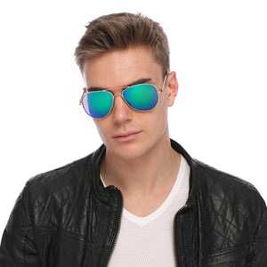 Aviator Sunglasses Classic - Non-Polarized - Gold Frame - Green/Blue Mirror