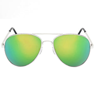 Aviator Sunglasses Classic - Non-Polarized - Silver Frame - Green/Lime Mirror