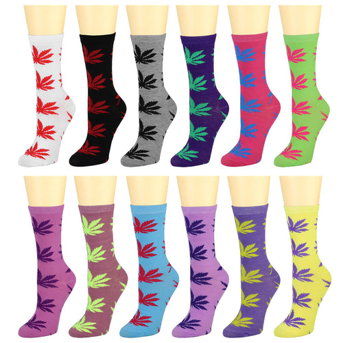 12-Pack Women's Crew Socks Leaves