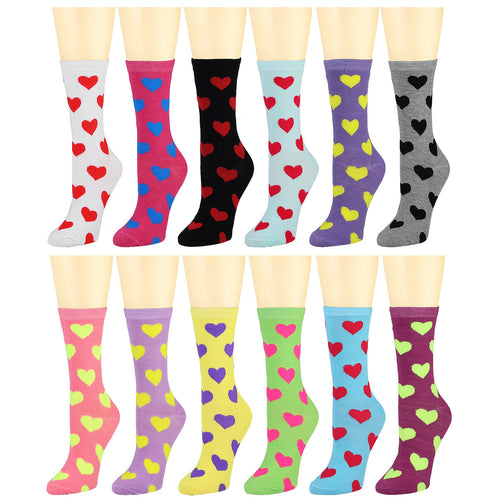 12-Pack Women's Crew Socks Hearts