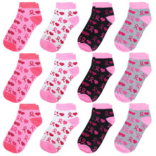 Load image into Gallery viewer, 12-Pack Pink Ribbon Women&#39;s Ankle Socks
