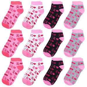 12-Pack Pink Ribbon Women's Ankle Socks