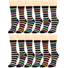 Load image into Gallery viewer, 12-Pack Women&#39;s Crew Socks Multicolor Striped