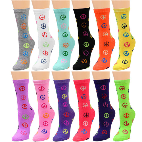 12-Pack Women's Crew Socks - Peace Sign