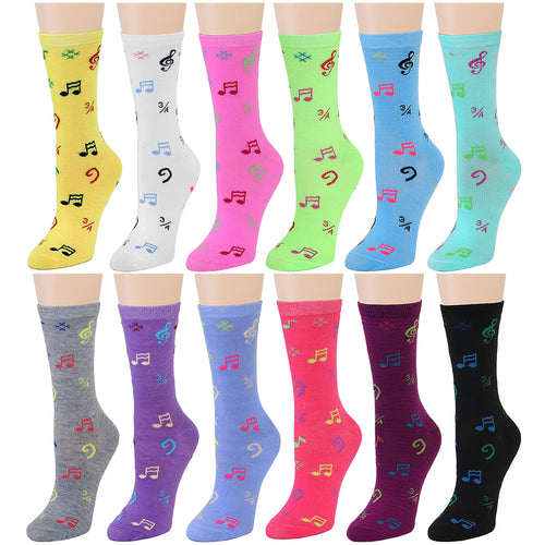 12-Pack Women's Crew Socks - Musical Note