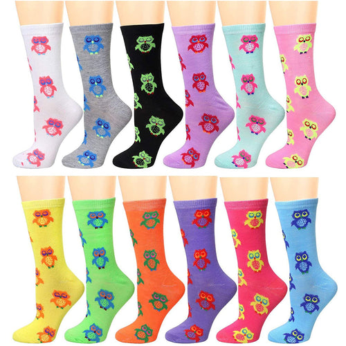 12-Pack Women's Crew Socks - Owl