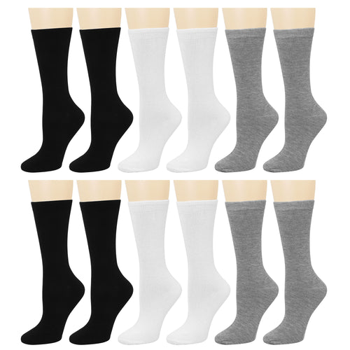 12-Pack Women's Crew Socks Black Grey White