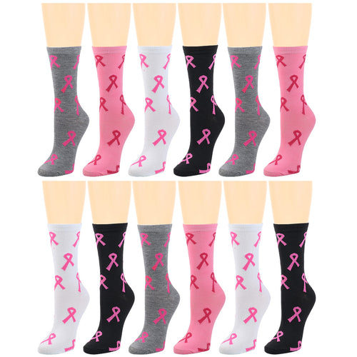 12-Pack Women's Crew Socks Breast Cancer Awareness