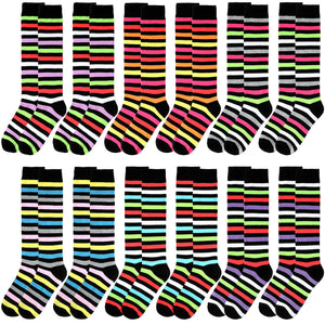 12 Pairs Women Knee High Over the Calf Socks - Multicolor Striped