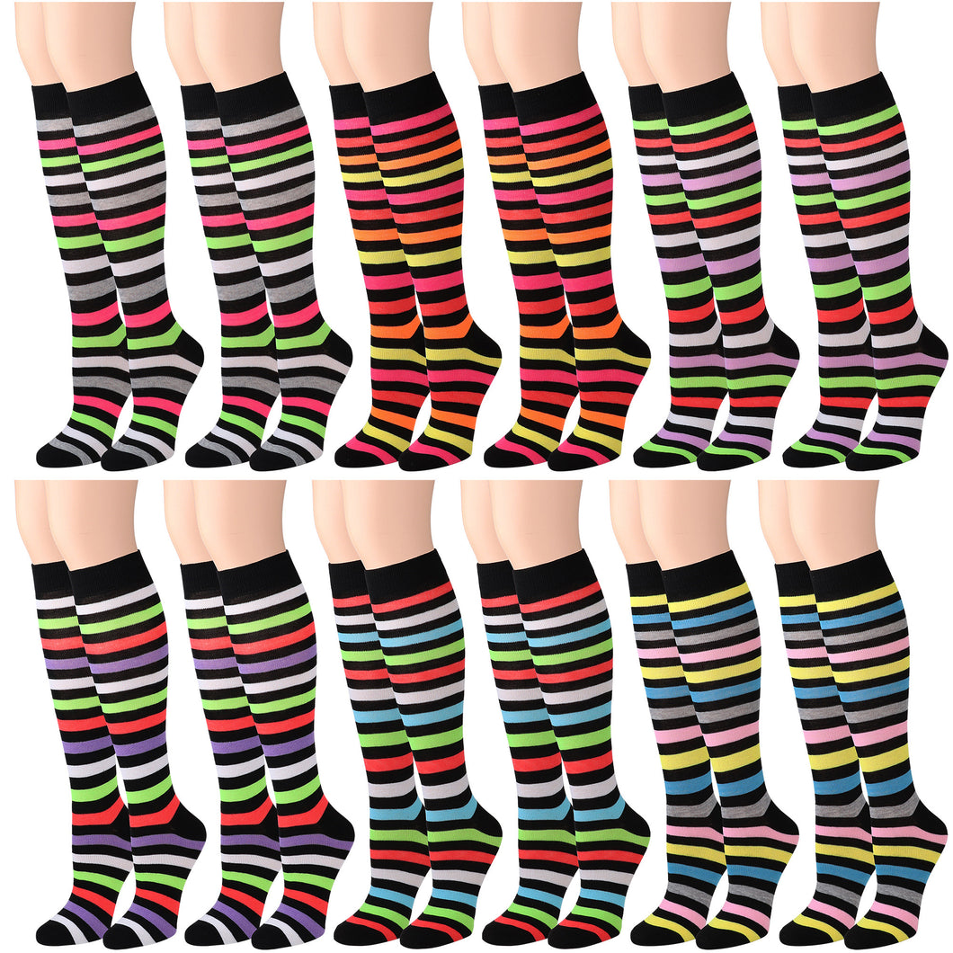 12 Pairs Women Knee High Over the Calf Socks - Multicolor Striped