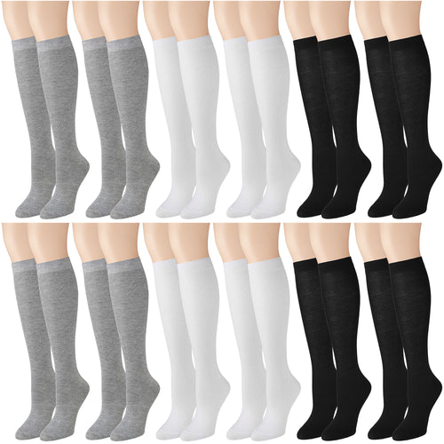 12 Pairs Women Knee High Over the Calf Socks - Black Gray White