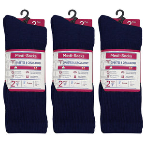 Falari Women Diabetic Socks Diabetes Edema and Circulatory Loose Fitting Cotton Crew Socks - 6 Pairs Navy