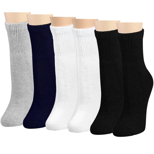 Falari Women Diabetic Socks Diabetes Edema and Circulatory Loose Fitting Cotton Quarter Socks - 6 Pairs BK/GY/NV/WT
