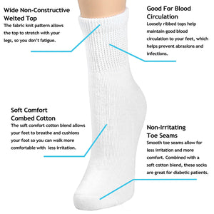 Falari Women Diabetic Socks Diabetes Edema and Circulatory Loose Fitting Cotton Quarter Socks - 6 Pairs White