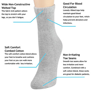 Falari Women Diabetic Socks Diabetes Edema and Circulatory Loose Fitting Cotton Quarter Socks - 6 Pairs Gray